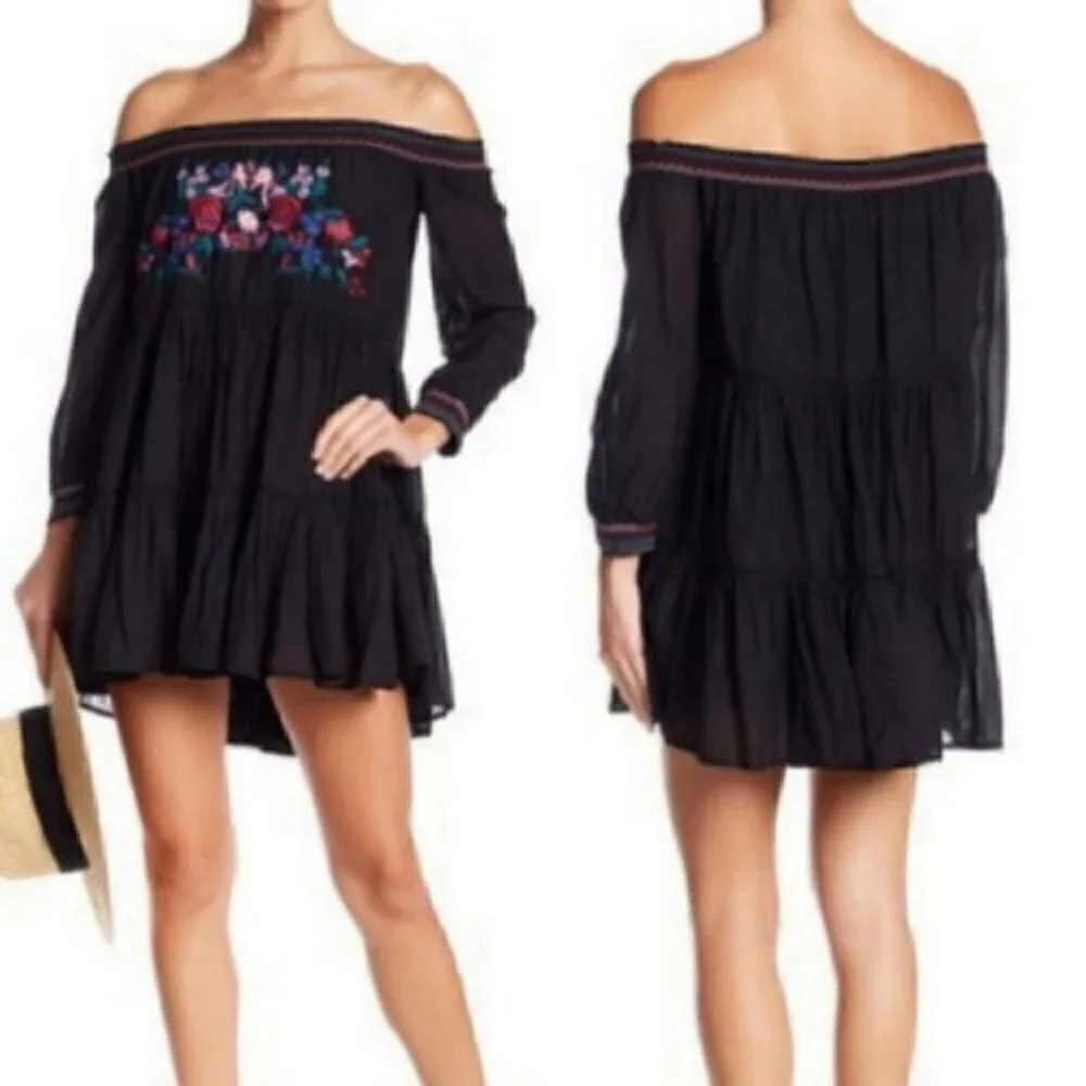 NWT Free People off the shoulder Mini gypsy Dress festival embroidered